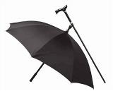 Black umbrella open with walking cane attached