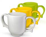 Three two-handled mugs in white, yellow and green