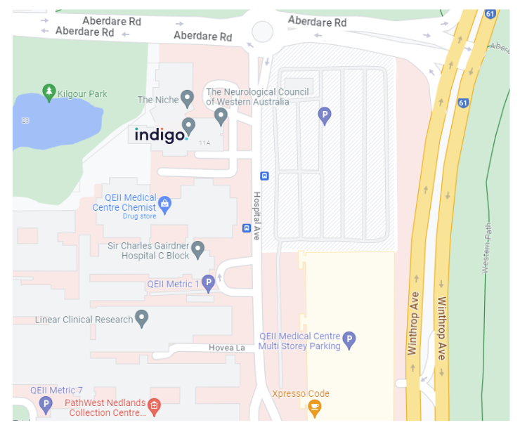 Google maps snippet of Indigo location and carpark