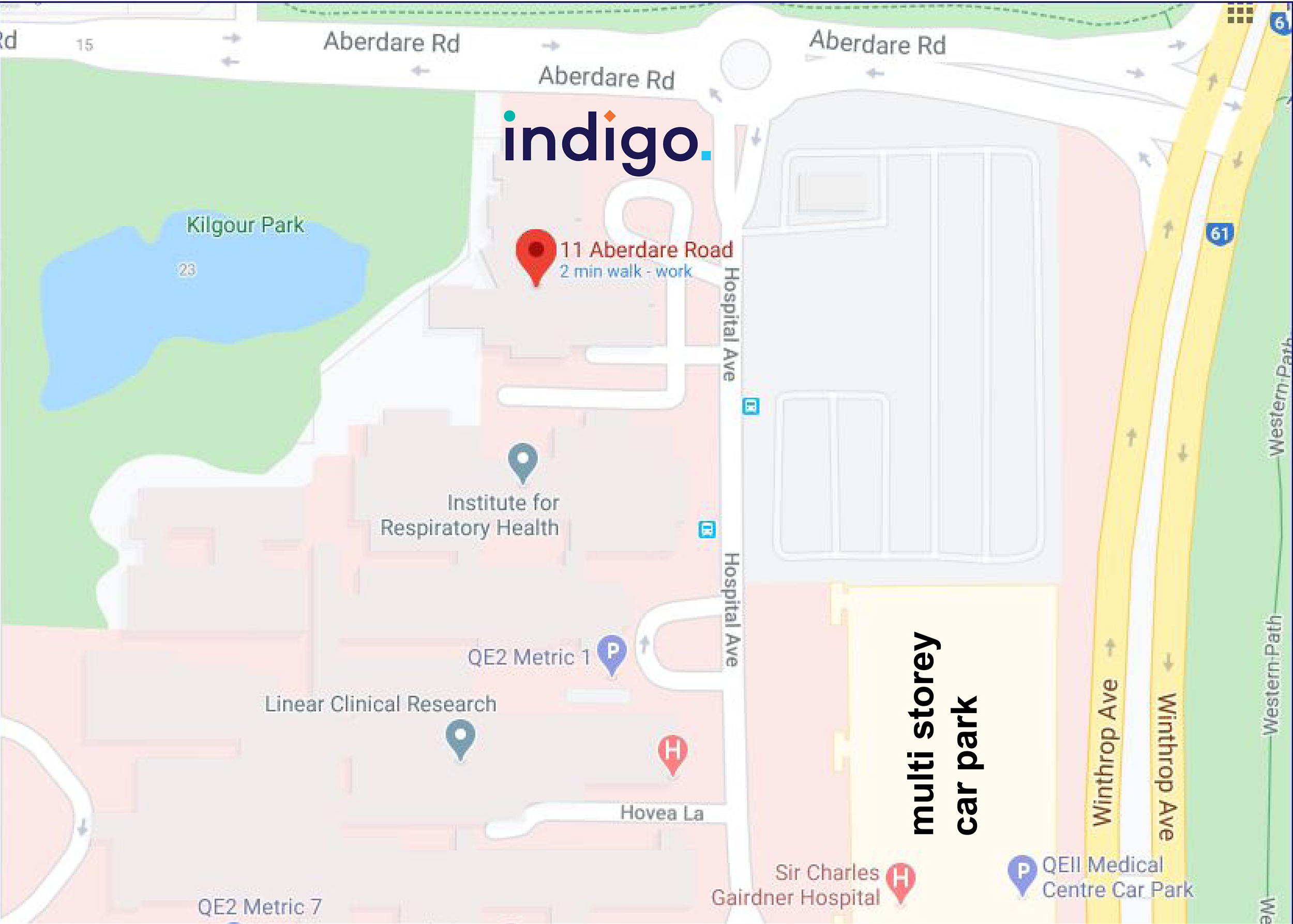 Google maps snippet of Indigo location and carpark