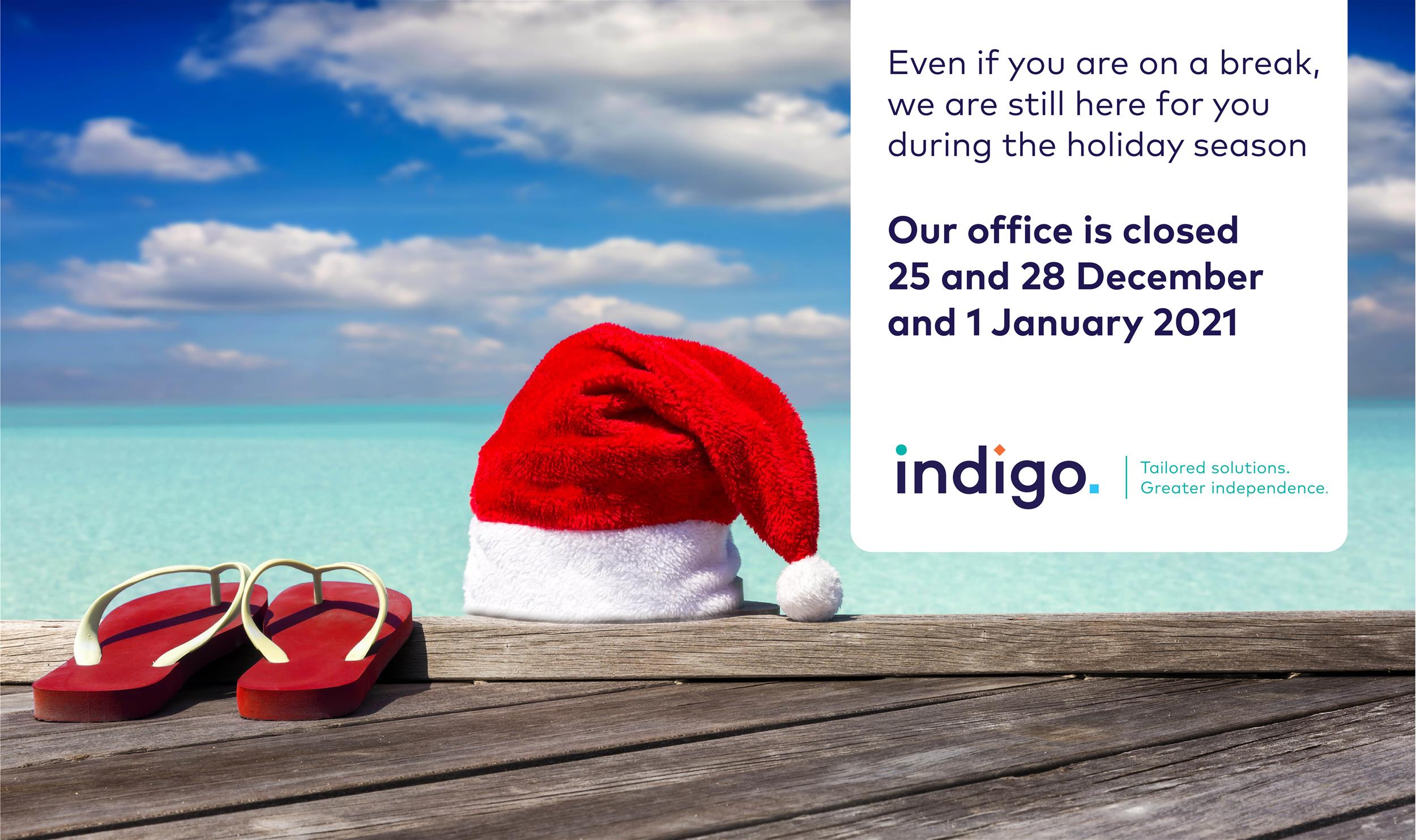 Indigo logo and text on ocean background with jetty, Santa hat and thongs