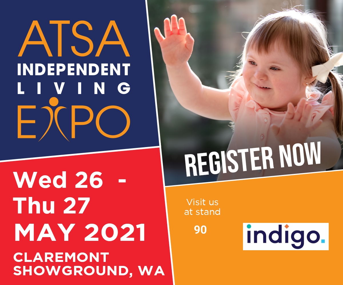 ATSA Expo logo with dates, image of young girl and Indigo logo with stand 90