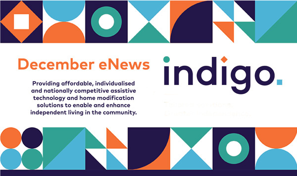 Indigo's December eNews  banner with Indigo logo, vision and top and bottom Indigo graphics borders