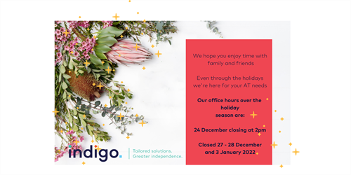 Australian native flower floral arrangement with stars, Indigo logo and coral box with Indigo's opening hours for festive season
