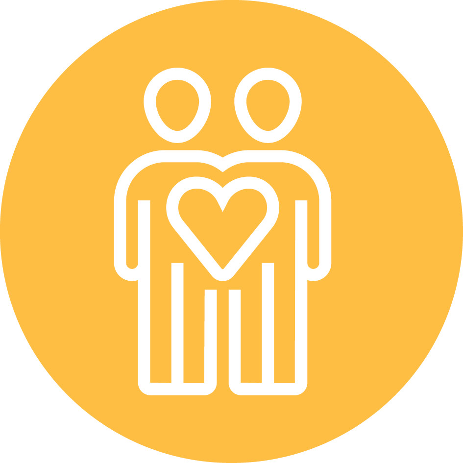 Round Yellow Icon with two people side by side sharing a heart